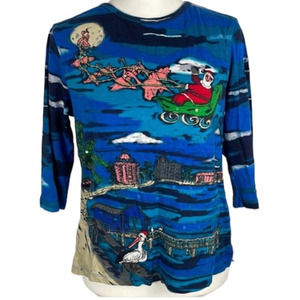 Coral Bay Embellished Ugly Christmas Sweater T Shirt Tropical Santa Small Petite